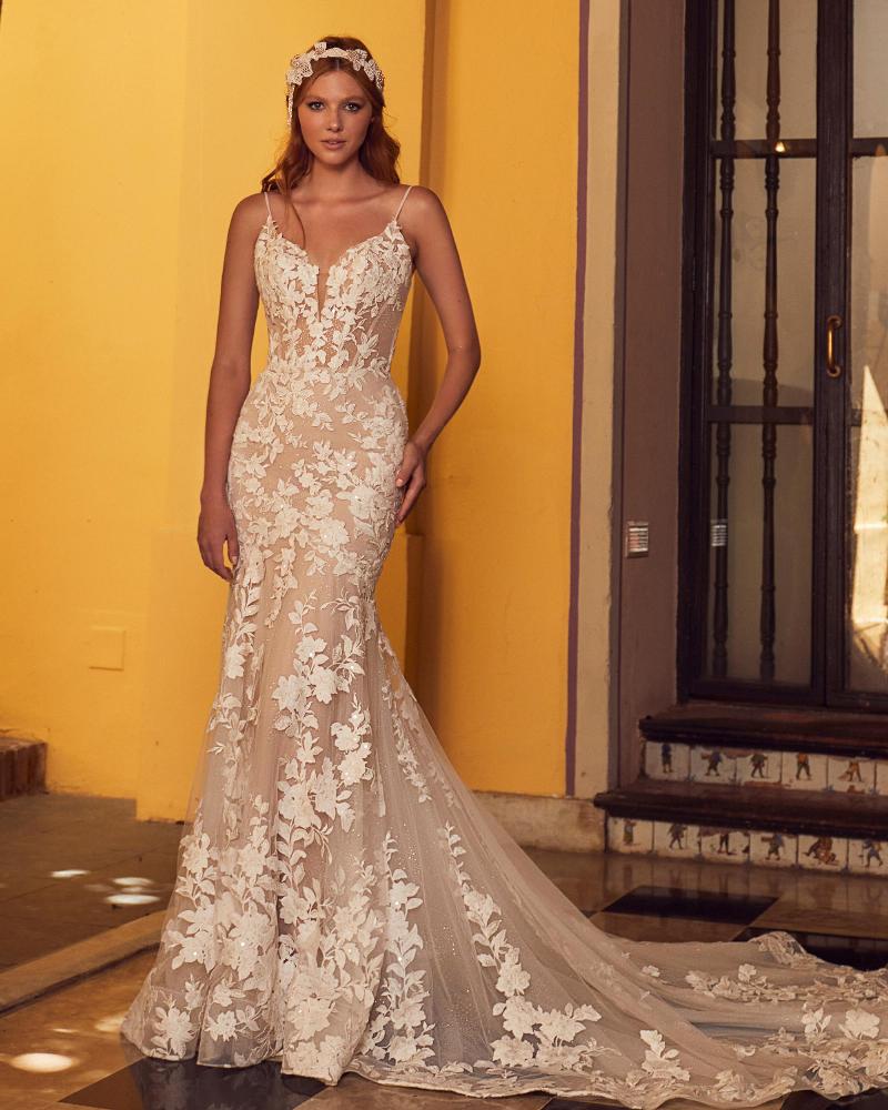 La23106 lace mermaid wedding dress with spaghetti straps 1
